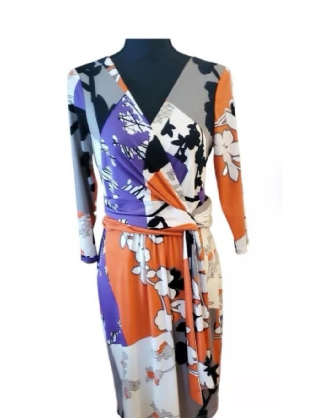 NWT Maggie London Vibrant 3/4 Sleeve Lined V Neck Dress Accent Waist Y2K Size 14